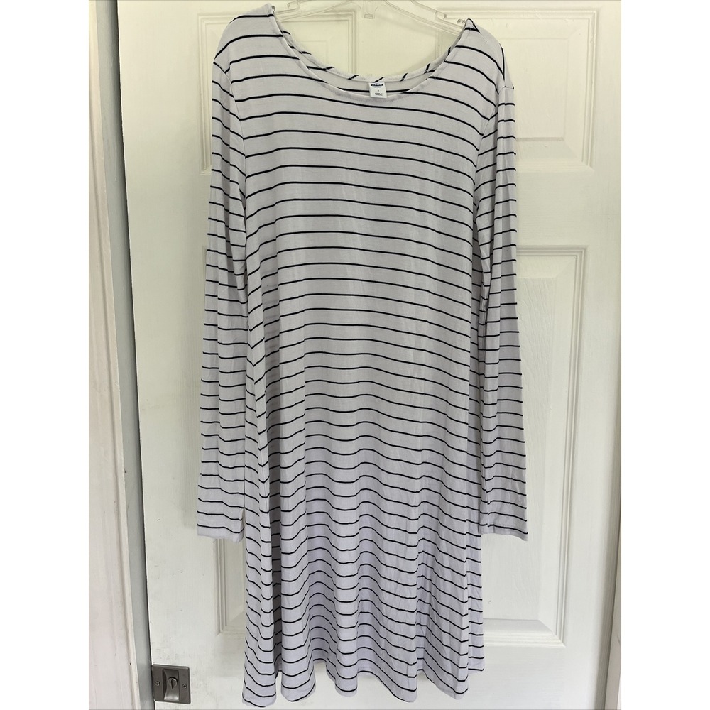 Old Navy Womens S/P Black White Stripe Dress Knit Stretch Long Sleeve Fit Flare